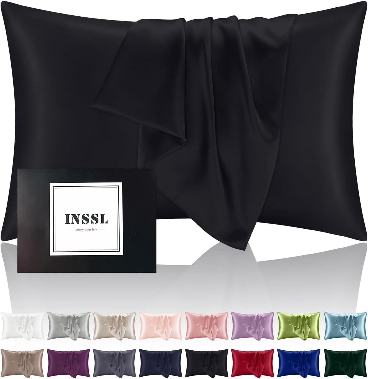 INSSL Silk Pillowcase for Women, Mulberry Silk Pillowcase for Hair and Skin and Stay Comfortable and Breathable During Sleep(Black,20"×36" King