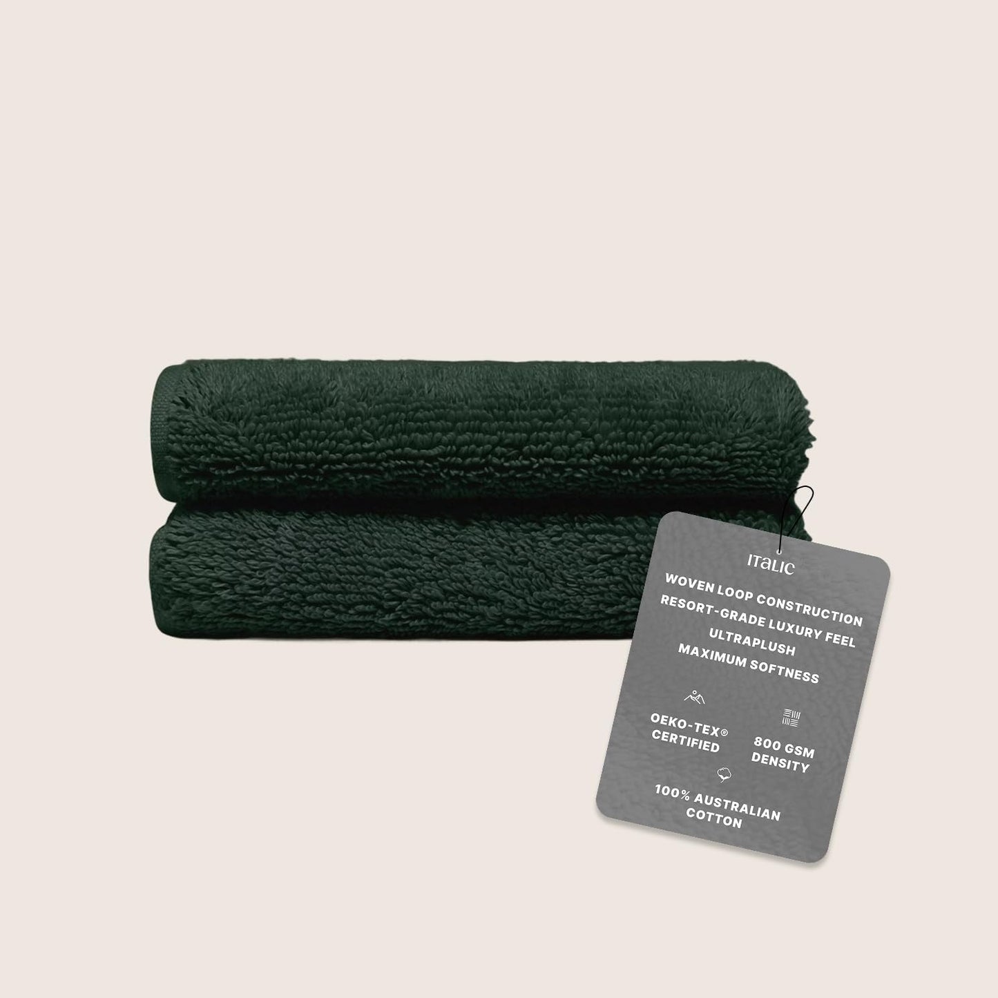 Italic Ultraplush 100% Australian Cotton Washcloths - Set of 2 Luxury Plush Face Wash Cloths, Soft and Absorbent 800 GSM for Bathroom, Spa, Gym, Face and Body (Deep Forest)