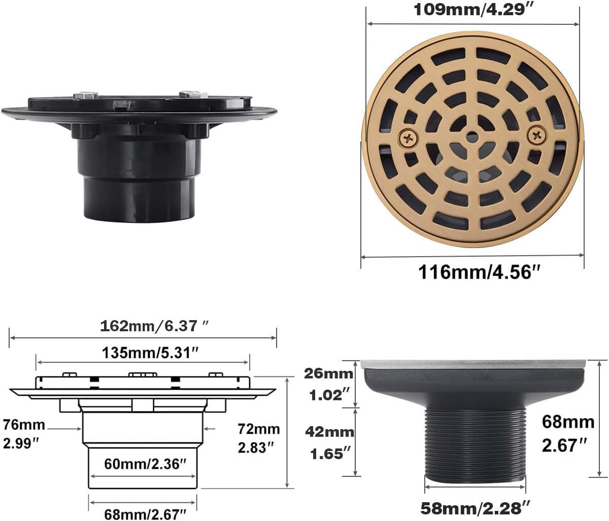 RANDOM Round Shower Drain SUS304 Stainless Steel Champagne Bronze Shower Drain 4 inch with Adjustable PVC Base Flange,Shower Floor Drain with Removable Cover Grid Grate