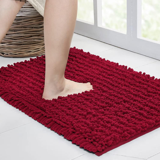 Walensee Bathroom Rug Non Slip Bath Mat (24x17 Inch Red) Water Absorbent Super Soft Shaggy Chenille Machine Washable Dry Extra Thick Perfect Absorbant Best Small Plush Carpet for Shower Floor