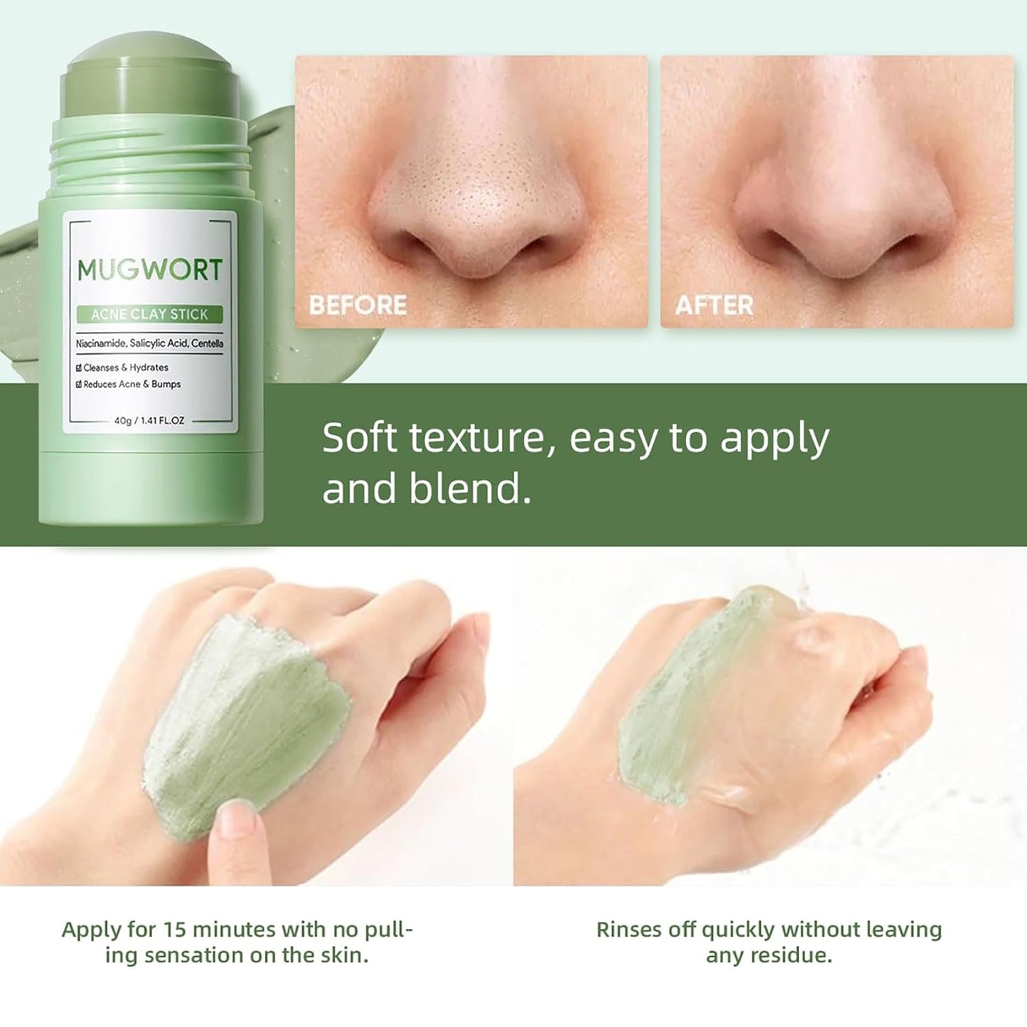 Clay Mask Stick, Deep pore Cleansing, Exfoliator Blackhead Remover Pore Cleanser Gentle Exfoliation Skin Brightening, Hydrating & Moisturizing Face Mud Mask for All Skin Types, Men & Women (Green)