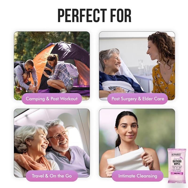 Extra Large Bath Wipes for Adults Bathing No Rinse - 80 Disposable Body Cleansing Wipes for Men, Women & Elderly - Great for Gym, Camping, Post Surgery - Shower Wipes - Lavender