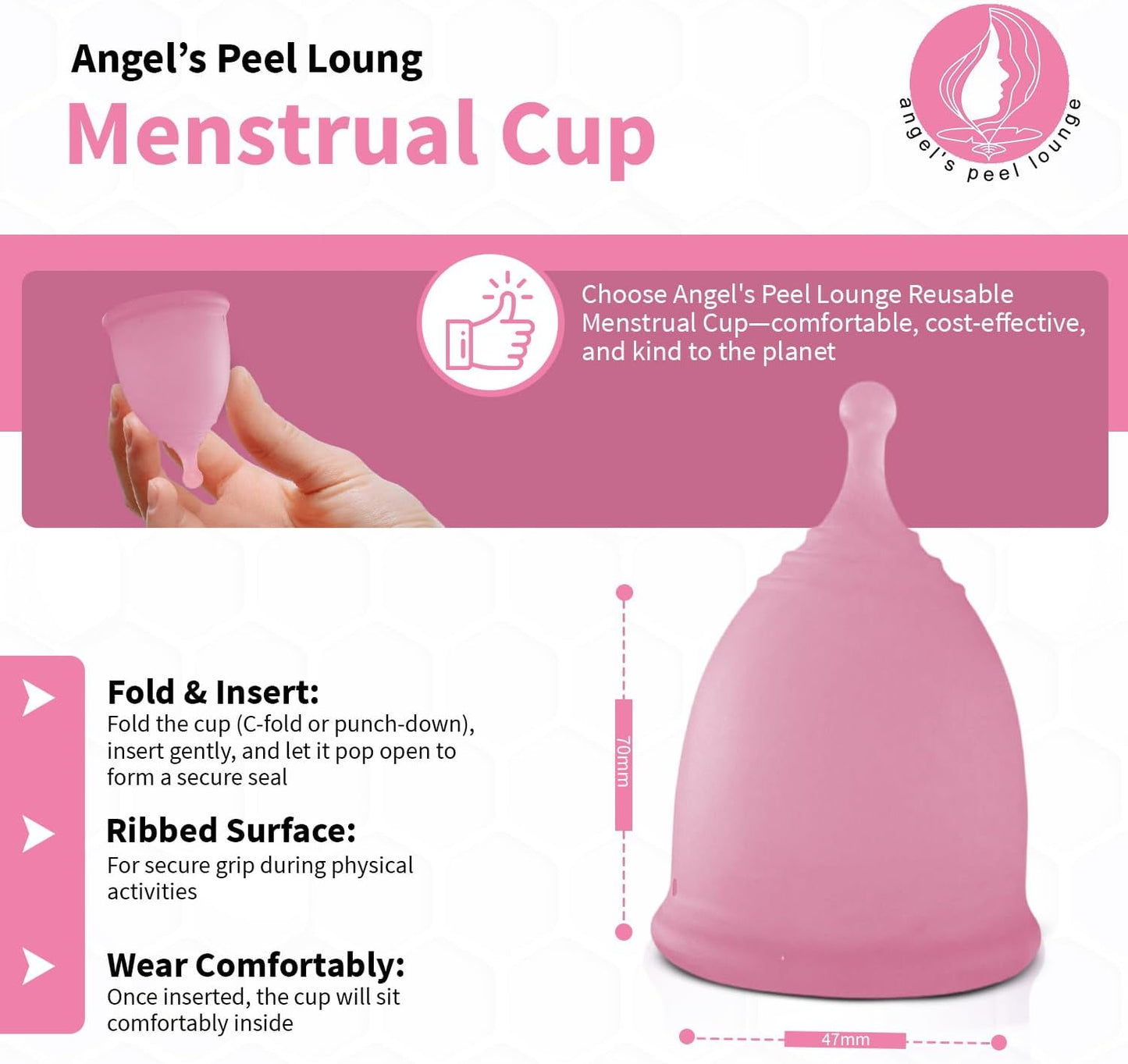 Angel's Peel Lounge Menstrual Cup for Women - 100% Medical-Grade Leak-Free Soft & Flexible Silicone Cup - 12 Hour Leak Protection Eco-Friendly & Reusable Period Cups for Women - Pink - Large