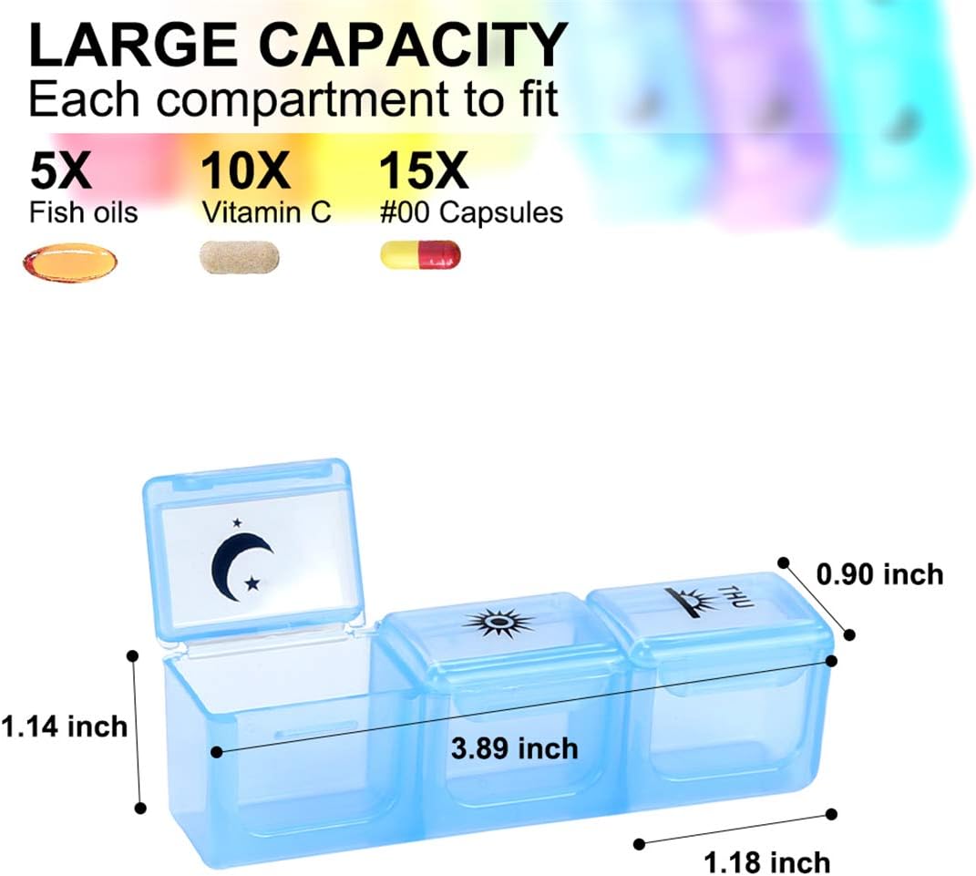 Weekly Pill Organizer,3-Times-A-Day 7 Day Pill Box Large Compartments Moisture-Proof Pill Case Medication Reminder Portable Travel Container for Vitamins Fish Oil Compartments Supplements