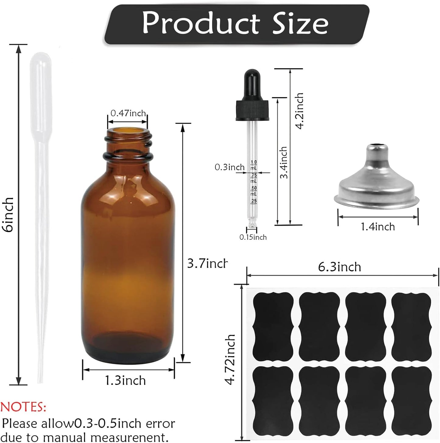 6 Pack 2oz Tincture Bottles With Dropper Amber Glass Dropper Bottle with Measured Eye Dropper Funnels,Labels,60ml Empty Bottle Brown for Homemade Vanilla Essential Oil,Tincture,Serum,Liquids