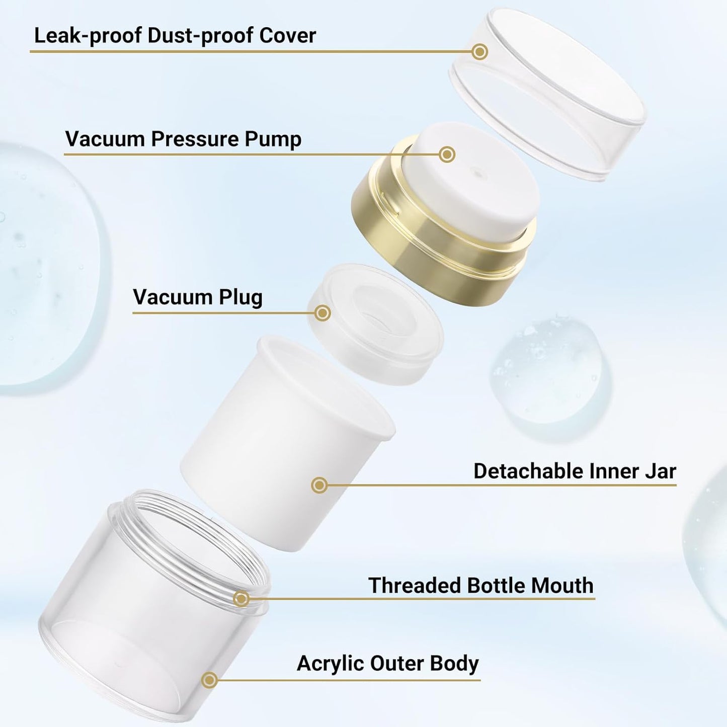 Segbeauty 1oz Airless Bottles Travel, 30ml Airless Pump Jars Refillable Travel Bottles Empty Makeup Containers Lotion Dispenser, Pack of 3 Gold Vacuum Bottle for Lotion Moisturizer Creams