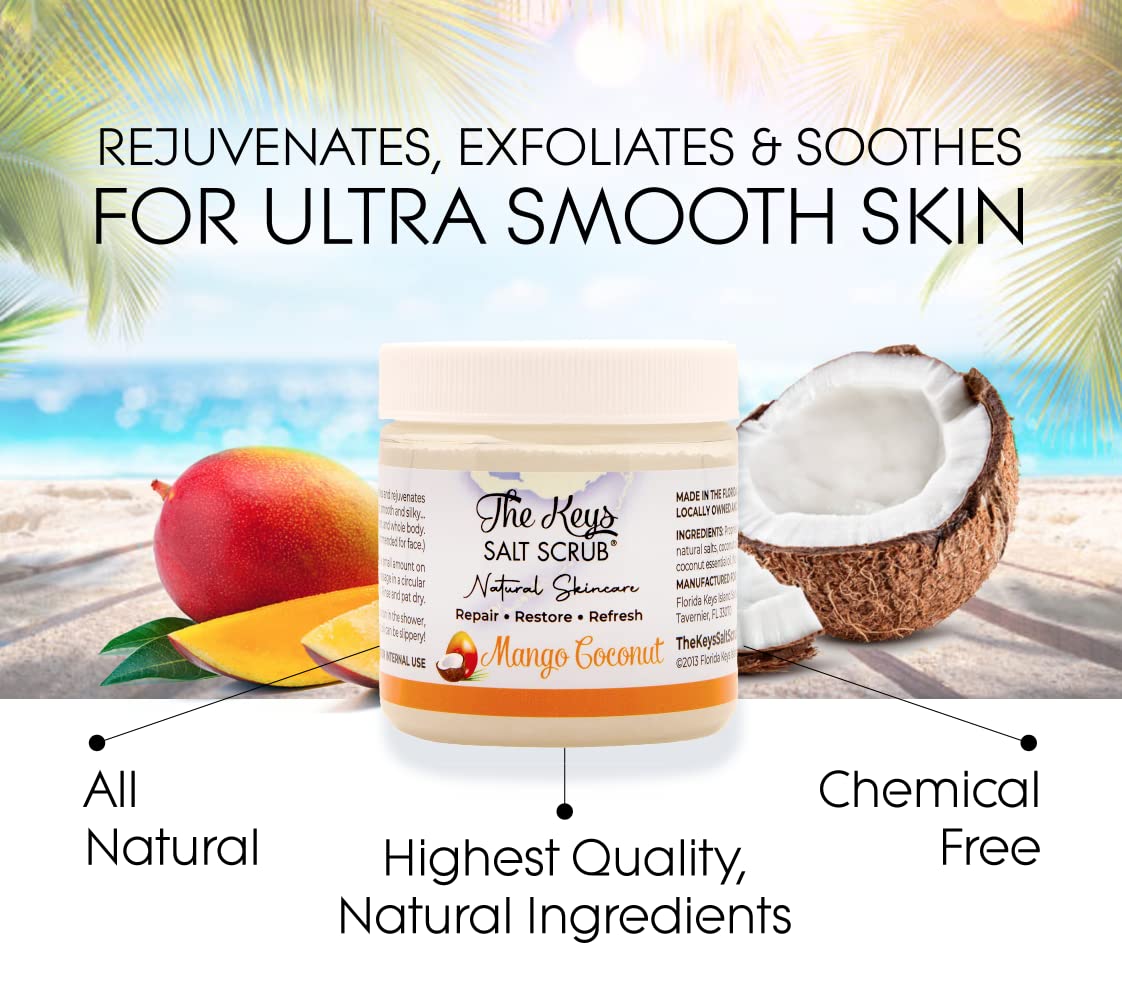 The Keys Salt Scrub -Sea Salt Scrub - Exfoliating Body Scrub with Wooden Spoon - Moisturizing Exfoliator for Hands, Foot, Bath, (3.4 Ounce (Pack of 3), Mango Coconut)