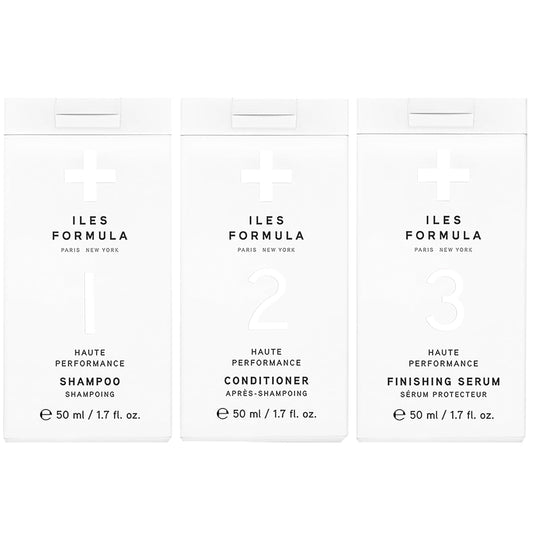 ILES FORMULA Mini Signature Collection – Moisturizing Travel Shampoo & Conditioner w/Mini Finishing Serum Blow Dry Cream for Dry, Damaged, Frizzy Hair - Salon Grade Anti-Frizz Hydrating Hair Care Set