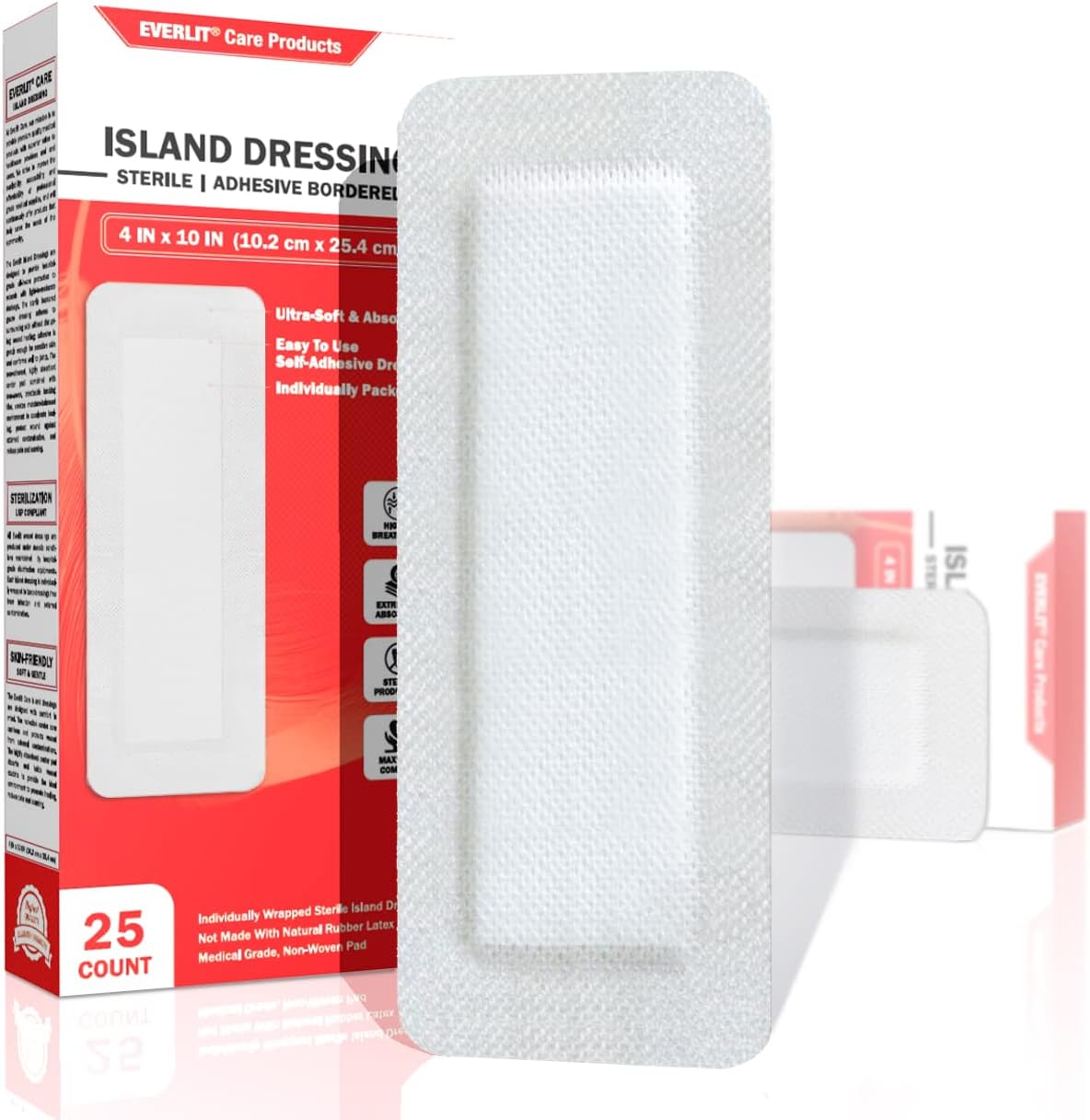 EVERLIT Island Dressing Bordered Gauze | Large Wound Care Bandage with Adhesive Border| Sterile, Soft & Highly Absorbent Medical Grade Dressing Pad (4x10 Inch (Pack of 25))