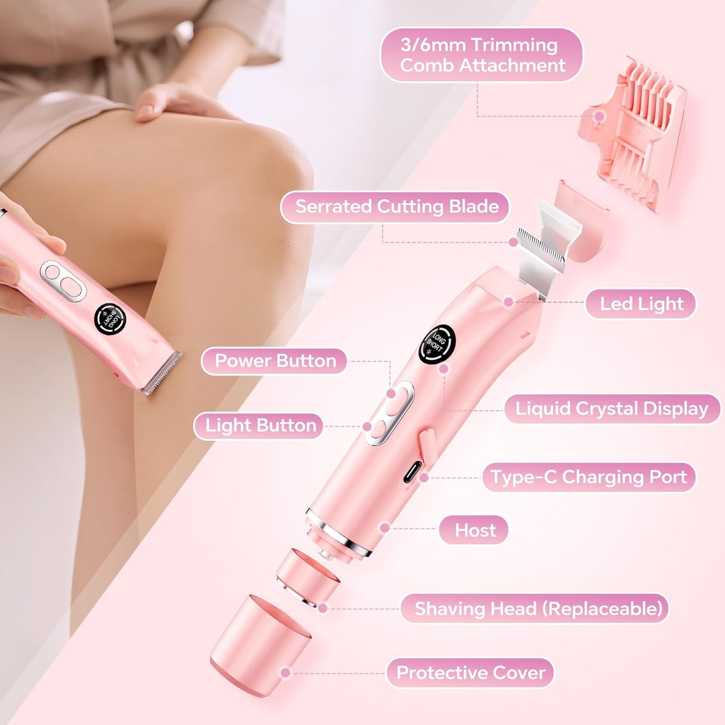 Bikini Trimmer for Women|Hair Removal Shaver - Painless Electric Razor, Cordless Body Shaver for Travel, Replaceable Lady Facial Razor|Trim Nasal/Eyebrows, IPX7 Waterproof&Easy Cleaning, Ceramic Blade