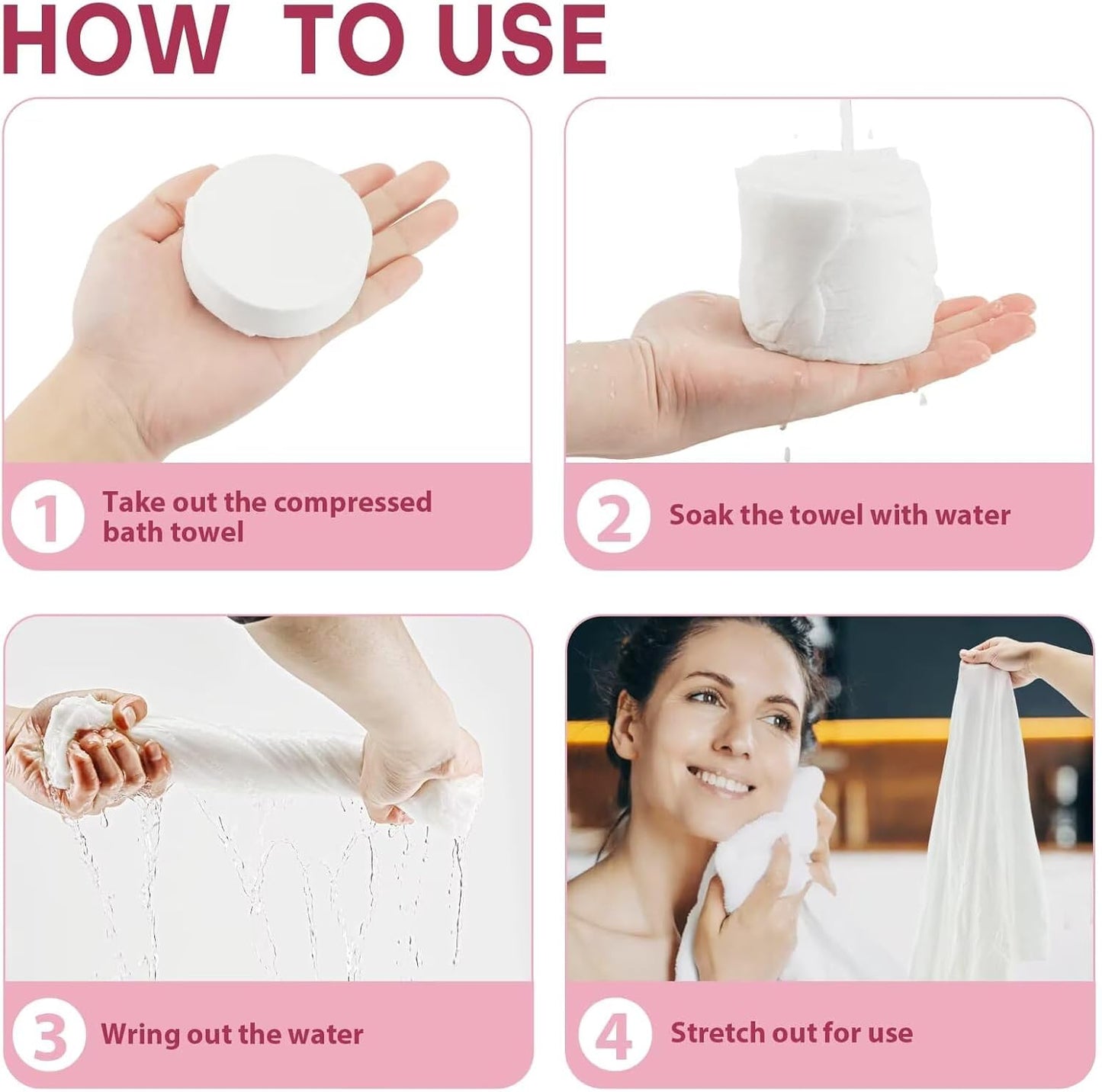 Compressed Bath Towel 5 Pcs 55" x 27.5" Travel Size Mini Disposable Coin Towel Washable & Reuseable Camping Wipe & Cleansing (Pink)