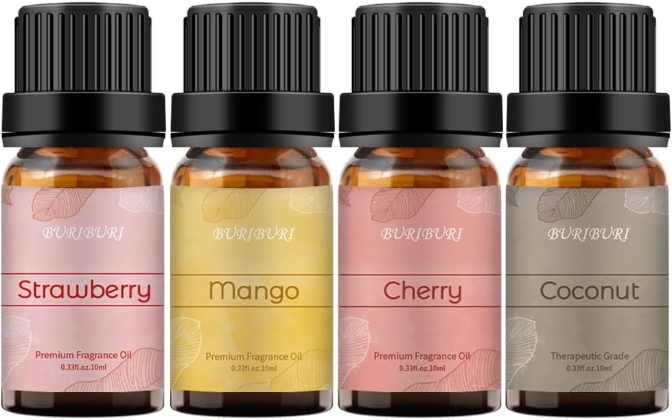 BURIBURI Fruit Essential Oils Gift Set 4Pack - Premium Fruity Fragrance - Strawberry, Cherry, Mango, Coconut for Diffusers, Home, Candle & Soap Making