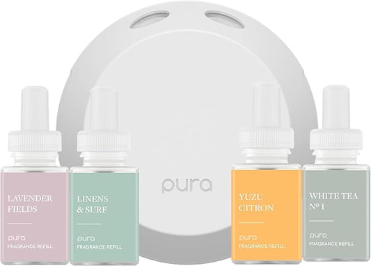 Pura 4 Smart Home Fragrance Device Starter Set - Scent Diffuser for Home- Linens & Surf, Lavender Fields, White Tea No. 1, Yuzu Citron Scent