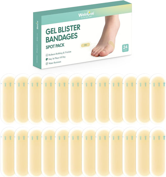 Welnove Gel Blister Bandage - 24 PCS Hydrocolloid Bandages for Prevention & Recovery, Blister Cushions for Heel, Toes & Foot, Blister Bandages for High Heels, Sandals, Wedding, Party (Spot Pack)
