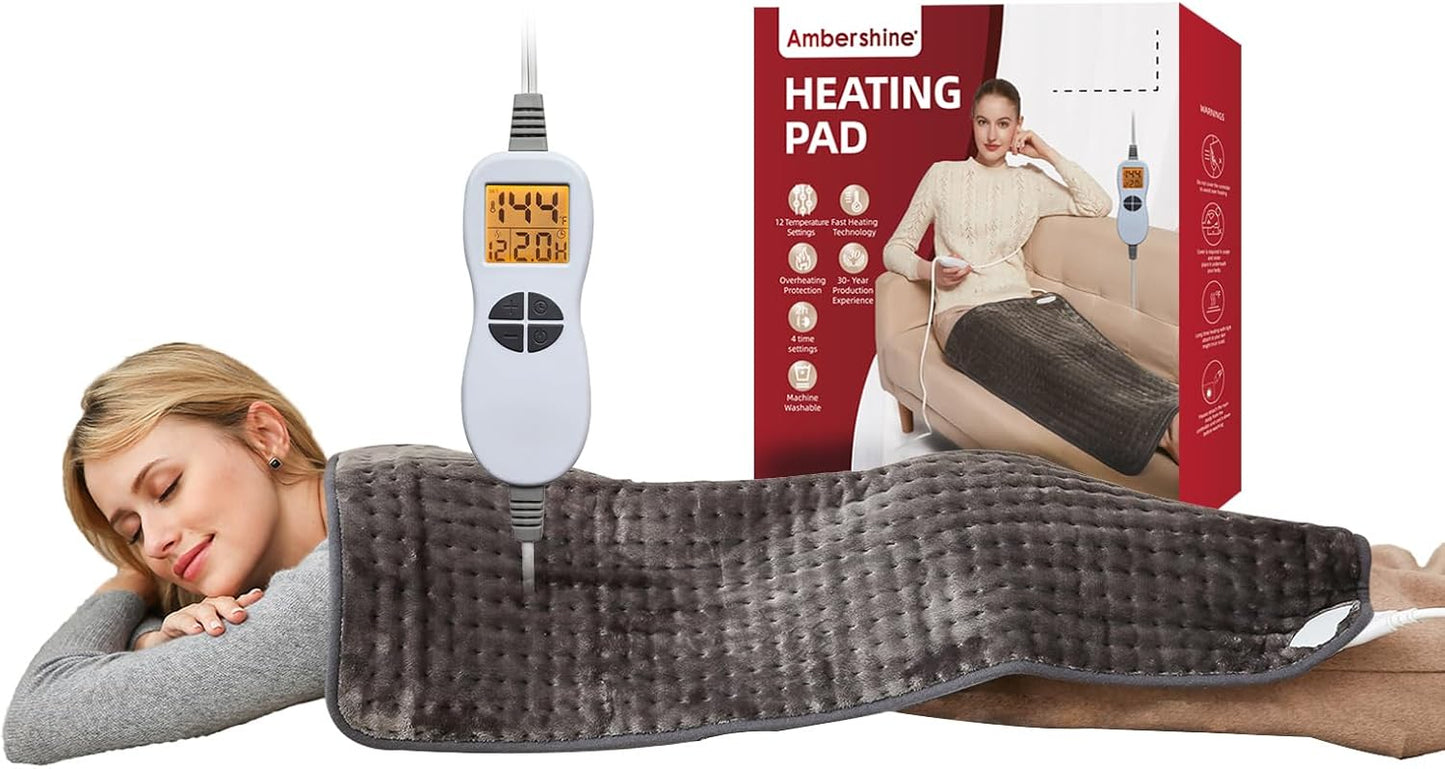 Ambershine 17''x33'' XXXL King Size Heating Pad with 12 Temperature Settings & 4 Auto-Off Countdown Timers, Pain Relief for Back/Neck/Shoulders/Abdomen/Legs, Christmas Gifts for mom dad (Dark Gray)