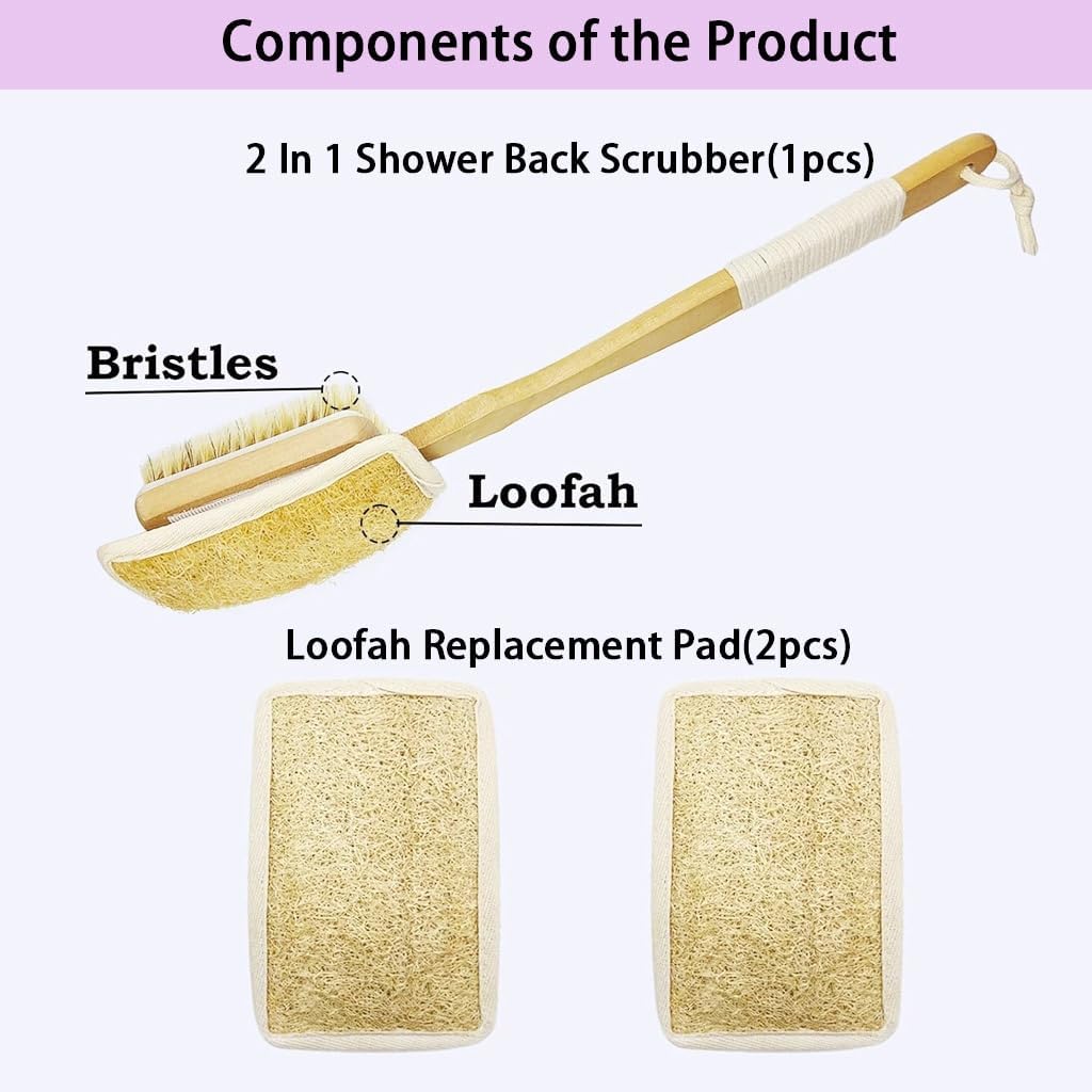 Shower Body Brush with Bristles and Loofah,Back Scrubber for Shower for Bath or Dry Brush,Back exfoliating Body Scrubber Shower Scrub Brush Long Handle for Women and Men
