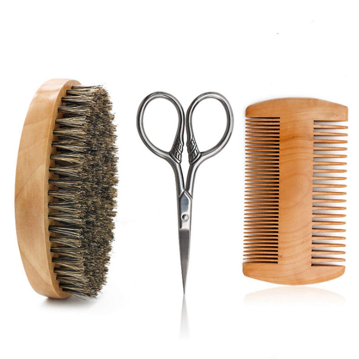 Hair Dough Beard Brush & Comb, Scissors Set for Men, Set Includes Soft Boar Bristle Brush, Bamboo Wide Tooth Comb, and Mustache Trimming Scissors, Straighten & Soften Your Beard