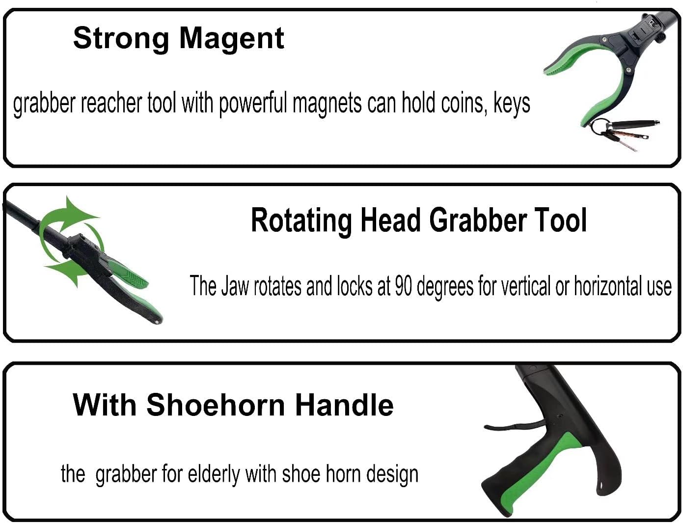 32 inch GrabRunner Reacher Grabber Tool with Folding and Shoehorn and Light (Green led)
