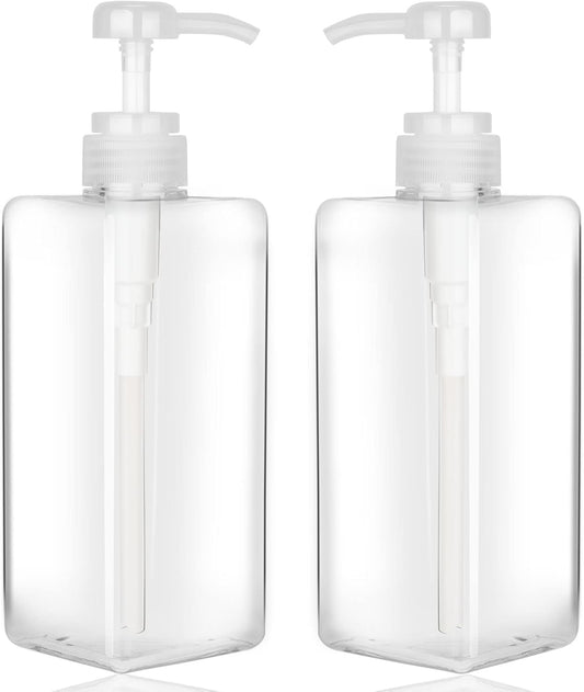 Pump Bottle Dispenser 22oz/650ml Jansburg 2Pack Refillable Square Plastic Lotion Dispenser Empty Lotion Pump Bottle for Essential Oil Lotion, Shampoo, Bathroom Travel Clear