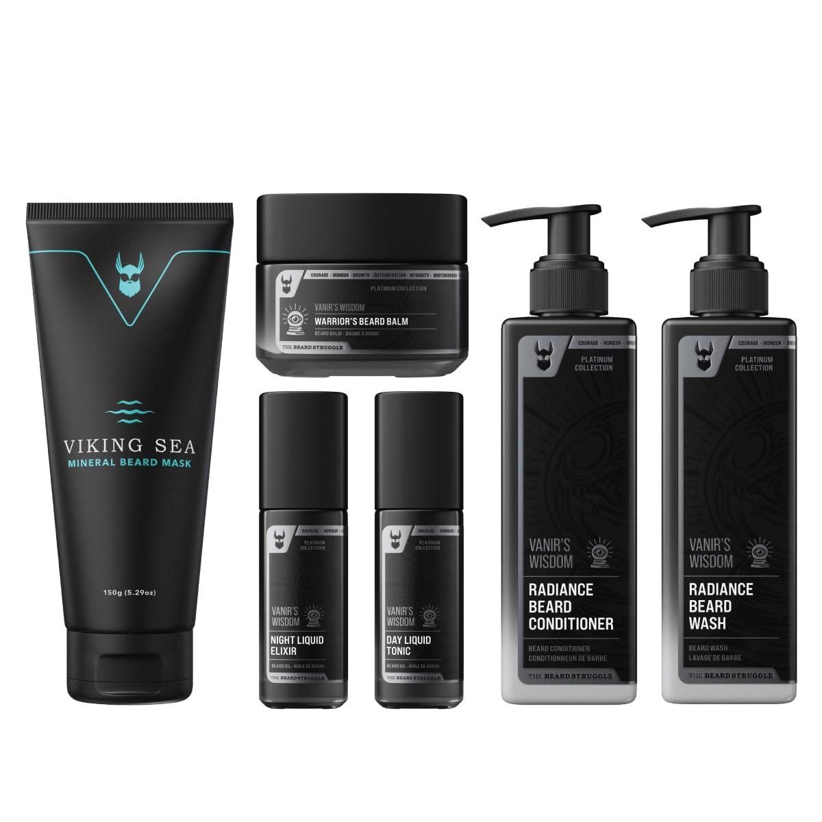 The Complete Beard Growth Kit by Beard Struggle - Mens Grooming Kit with Balm, Mask, Conditioner, Wash & Oils - Vanir's Wisdom, Platinum Collection