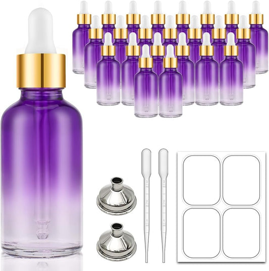 Bumobum 2 oz Dropper Bottle, Purple Glass Eye Dropper Bottles with Golden Top Cap for Essential Oils, 24 pack Tincture Bottle with Labels and Funnel
