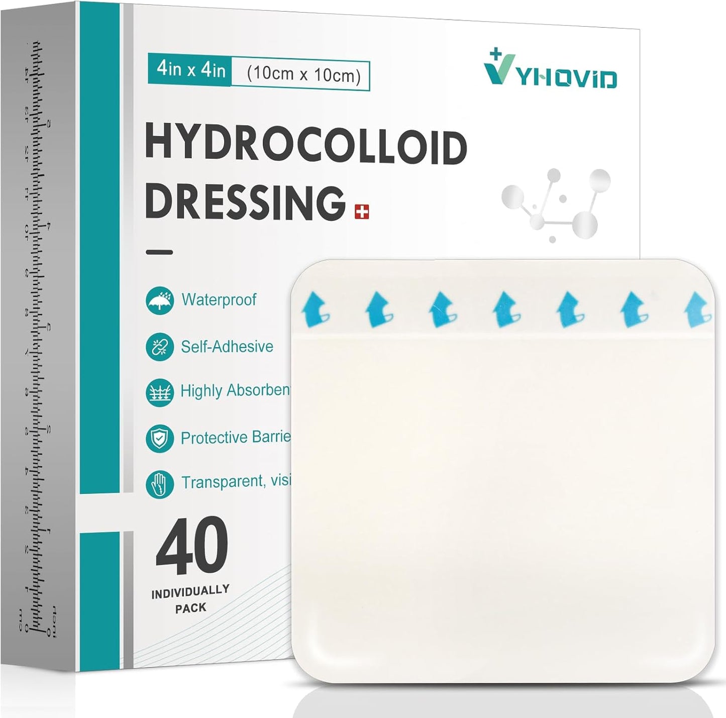 40 Pack Hydrocolloid Wound Dressing 4" x 4", Hydrocolloid Patch Bandages with Self-Adhesive, Bed Sore Bandages, Highly Absorbent for Burn, Blister, Acne Care, Sterile and Waterproof