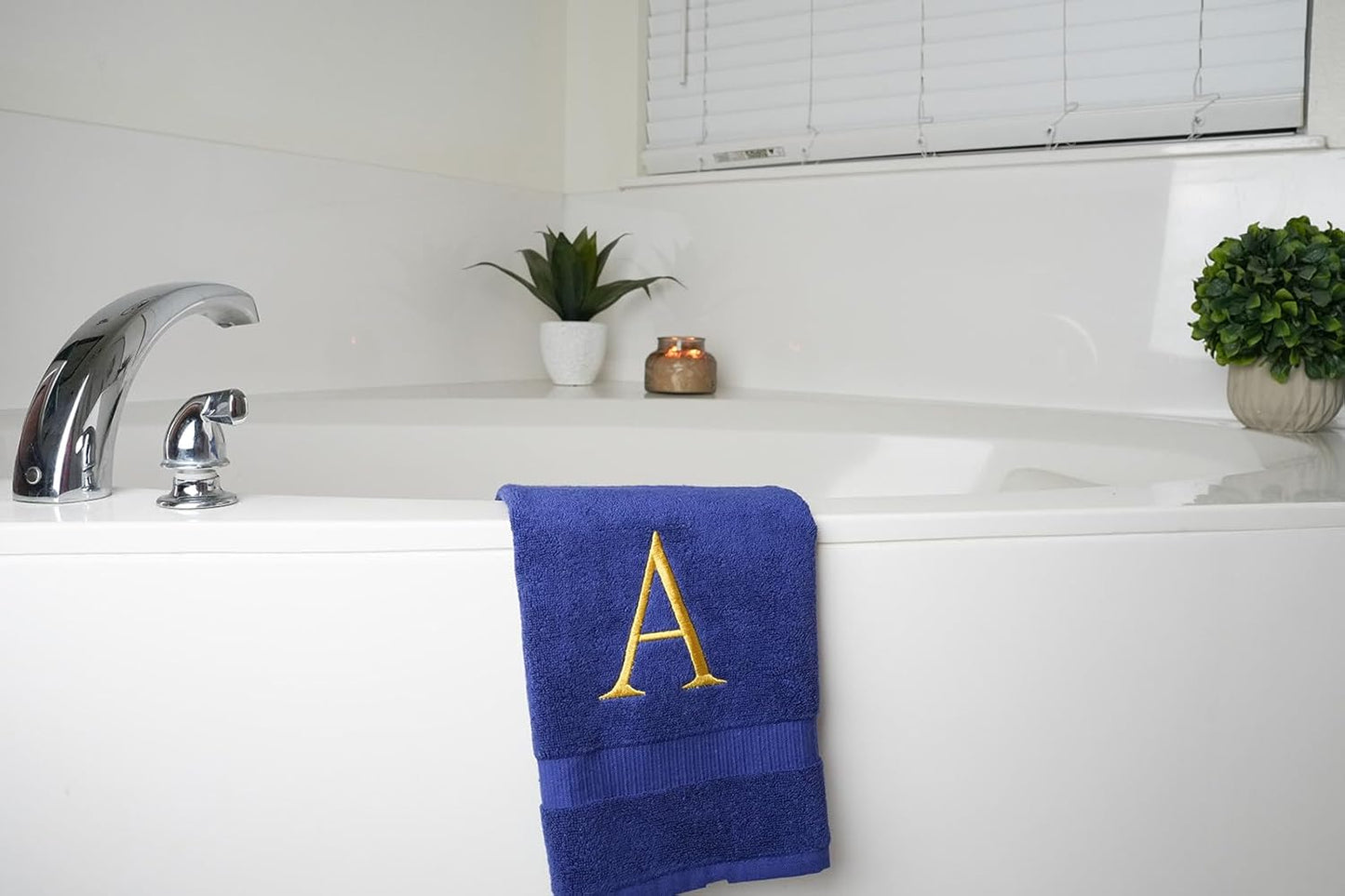 Navy Monogrammed Hand Towels for Bathroom - Luxury Hotel Quality Personalized Initial Decorative Embroidered Towel for Powder Room, Spa - GOTS Organic Certified - Set of 2 Gold Letter A