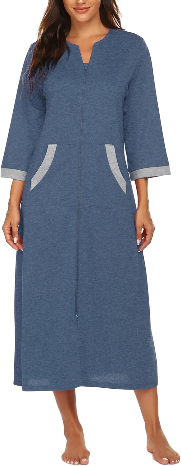 Ekouaer Women Zipper Robe 3/4 Sleeves Loungewear Dress Full Length Sleepwear Pockets Housecoat Nightgown Long Bathrobe