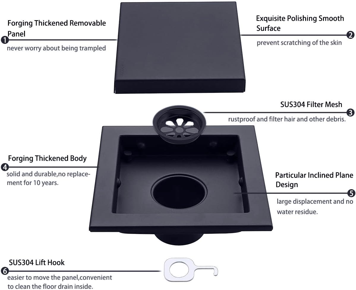 RANDOM Black Shower Drain Square with Removable Tile Insert 6 Inch Drain Cover and Hair Strainer,SUS 304 Stainless Steel Matte Black Shower Floor Drain