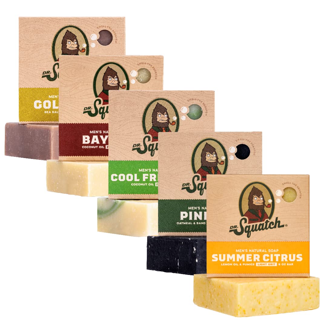 Dr. Squatch Natural Bar Soap for Men - Cold Process Soap with No Harsh Chemicals - Summer Citrus, Cool Fresh Aloe, Gold Moss, Bay Rum & Pine Tar (5 oz, 5-Pack)