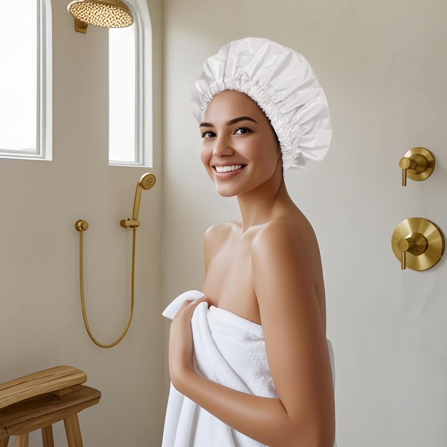 Reusable Shower Cap for Women, Large Waterproof Shower Bonnet Washable Elastic Band Bath Accessories Hair Hat for Long Hair, Braids(Black&White)