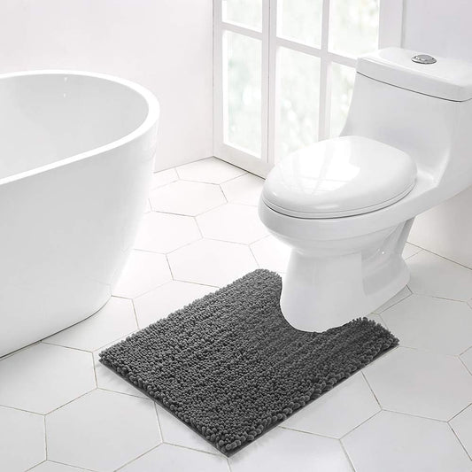 Walensee Bathroom Contour Rug Non Slip Toilet U Shaped Bath Mat (20x24, Grey) Water Absorbent Super Soft Shaggy Chenille Machine Washable Dry Extra Thick Perfect Absorbant Best Plush Carpet