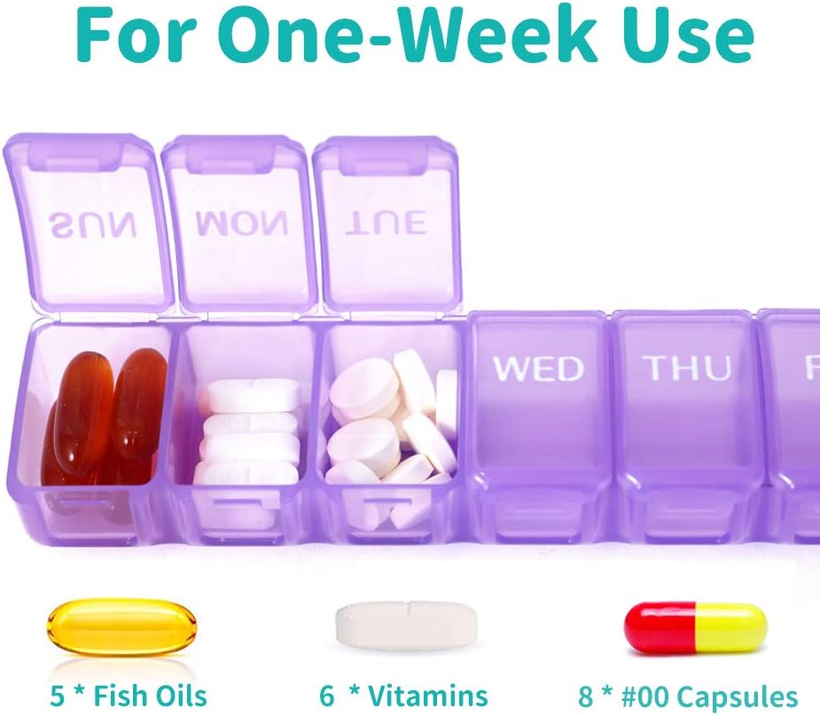 2 Packs Small Weekly Pill Organizer,Pocket Daily Pill Case Pill Box for Pills/Vitamin/Fish Oil/Supplements (Purple)