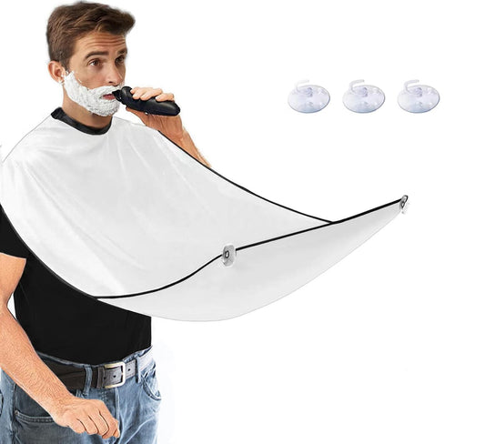 Beard Bib Apron, Father's Day Gift Trimming Catcher Bib for Shaving & Hair Clippings, Men's Waterproof Non-Stick Beard Cape Grooming Cloth, with 2 Suction Cups - White