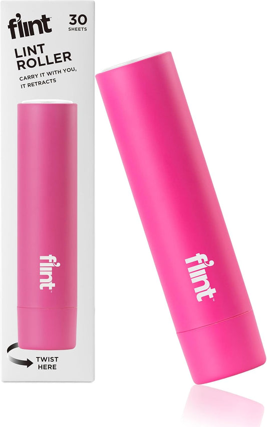 Flint Classic Pink Retractable Mini Lint Roller with 30 Extra Sticky Sheets, Small and Portable Lint Roller, Ideal Pet Hair Remover, Travel Lint Rollers for pet Hair Extra Sticky