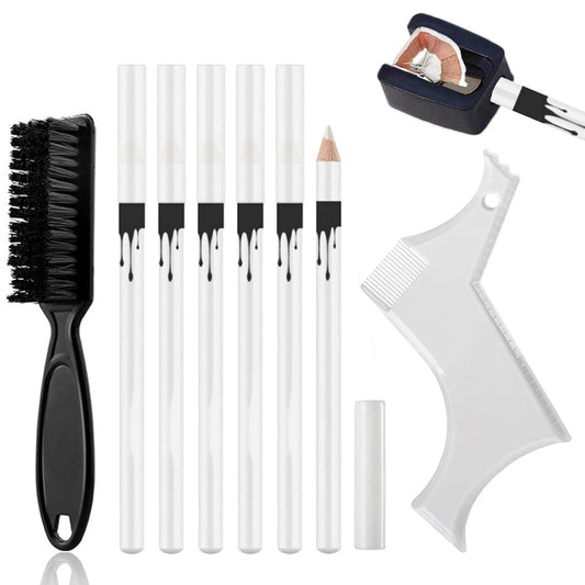 White Barber Pencil Set - Edge Hairline Razor Trace Pencils Beard Guide Beard Hairline and Beard Shaping Pencils,with Sharpener Ruler Brush for Men