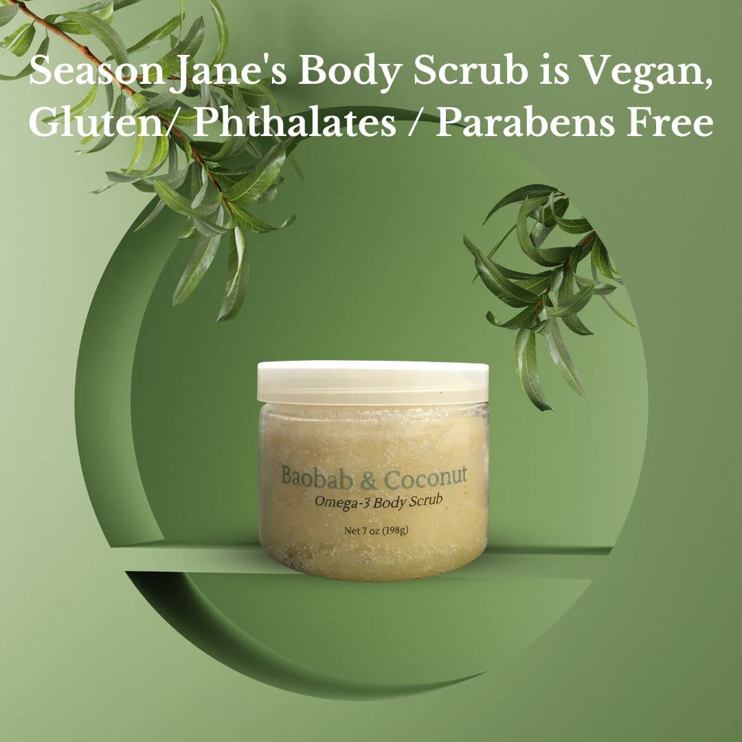 Organic Baobab & Coconut Omega Body Scrub 7oz. Omega rich exfoliator for acne, wrinkles and marks. Vegan, Gluten/Phthalates/Parabens Free. Made in USA.