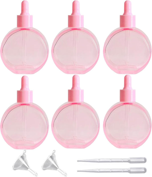 6Pcs 2 oz Glass Dropper Bottles for Essential Oils,60ml Pink flat round perfume bottle with Eye Droppers,for Oils,Perfumes,Serums,Leakproof for Travel (Pink)