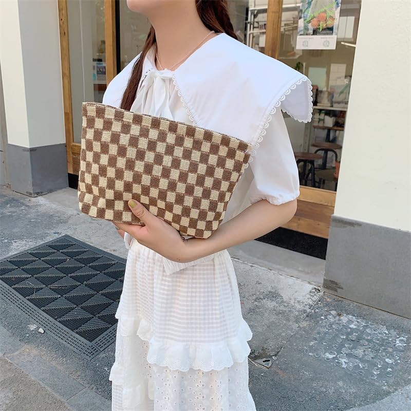 PAZIMIIK Knitted Checkered Makeup Bag Large Zipper Make Up Accessory Pouch for Purse Cosmetic Brush Bag for Travel Essential,Coffee