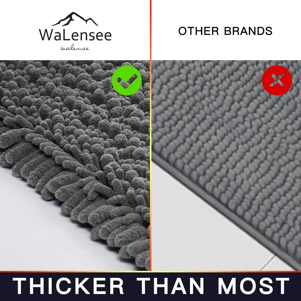 Walensee Bathroom Rug 2 Pieces Set Non Slip Bath Mat (20"x32" Plus 20"x32" Grey/Gray) Water Absorbent Super Soft Shaggy Chenille Machine Washable Dry Extra Thick Perfect Carpet for Shower Floor