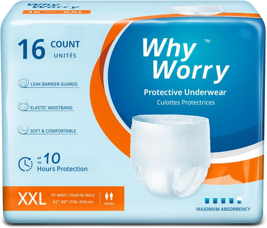 WhyWorry Incontinence Underwear for Women and Men, Disposable Adult Pull Ups with Overnight Absorbency, Leakproof, Unisex, XXLarge, 16 Count