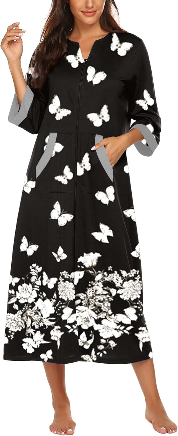 Ekouaer Women Zipper Robe 3/4 Sleeves Loungewear Dress Full Length Sleepwear Pockets Housecoat Nightgown Long Bathrobe