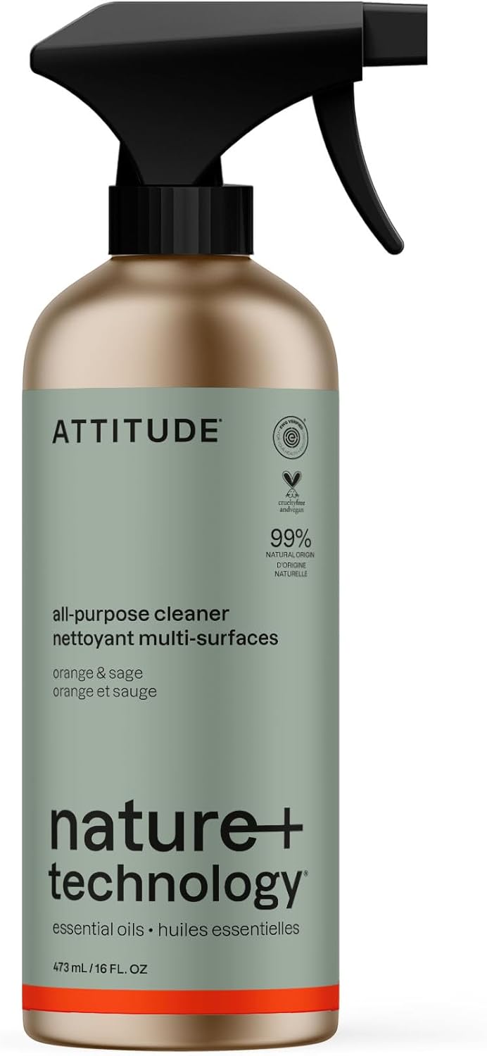 ATTITUDE All Purpose Cleaner, EWG Verified Multi-Surface Products, Vegan, Naturally Derived Multipurpose Cleaning Spray, Orange and Sage, 16 Fl Oz