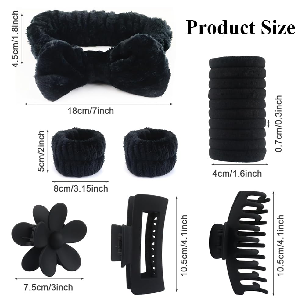 16pcs Skincare Headband Set, Headband Set for Face Washing Spa and Makeup, Including 1 Hairband, Wristband, 3 Hair Claw Clips and 10 Hair Ties, with Box, Gift for Women and Girls, Black
