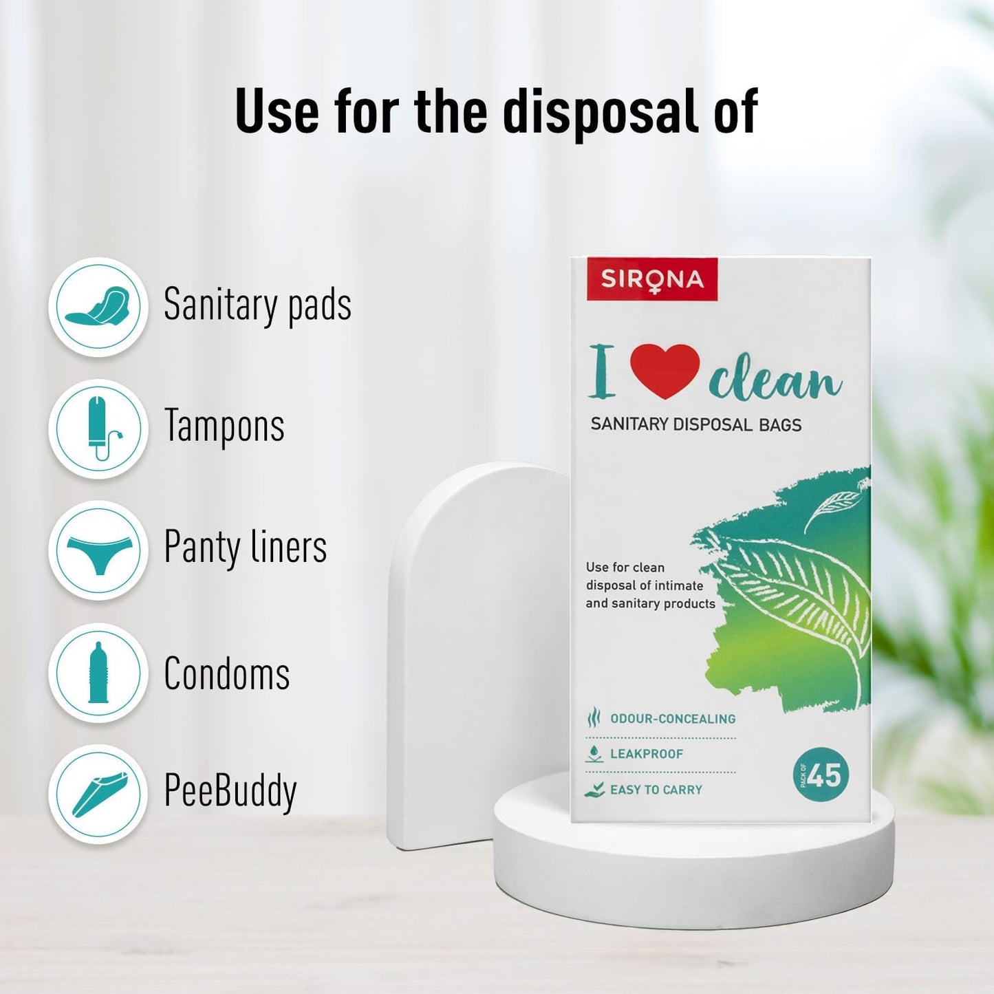 Sirona Sanitary Disposable Bags - 45 Bags for Discreet Disposal of Tampons, Condoms, Sanitary Pads, Panty Liner and Personal Hygiene Waste