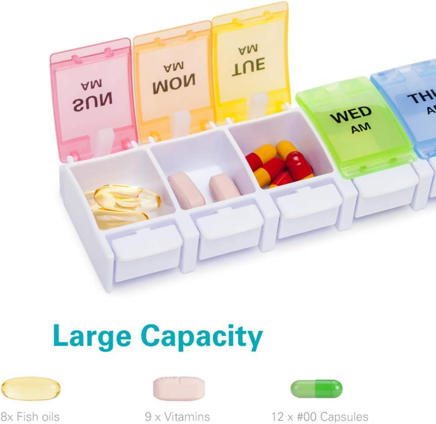 Sukuos AM PM Weekly Pill Organizer 2 Times A Day, Large Daily Pill Box Case 7 Day with Easy Push Button Design, Detachable Medicine Holder for Vitamin/Fish Oil/Supplements (Rainbow)