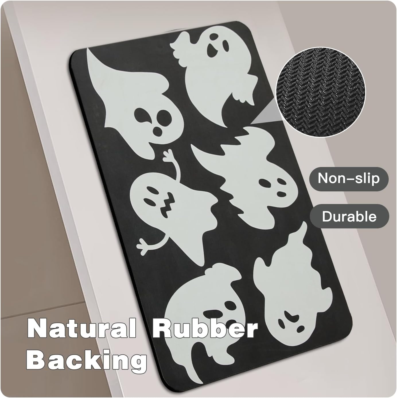 Halloween Bath Mat, Thin Halloween Bathroom Rug Non Slip Quick Dry Ghost Bath Mat Fits Under Door Thin Floor Mat Halloween Decor, 17''x30'', Ghosts Black