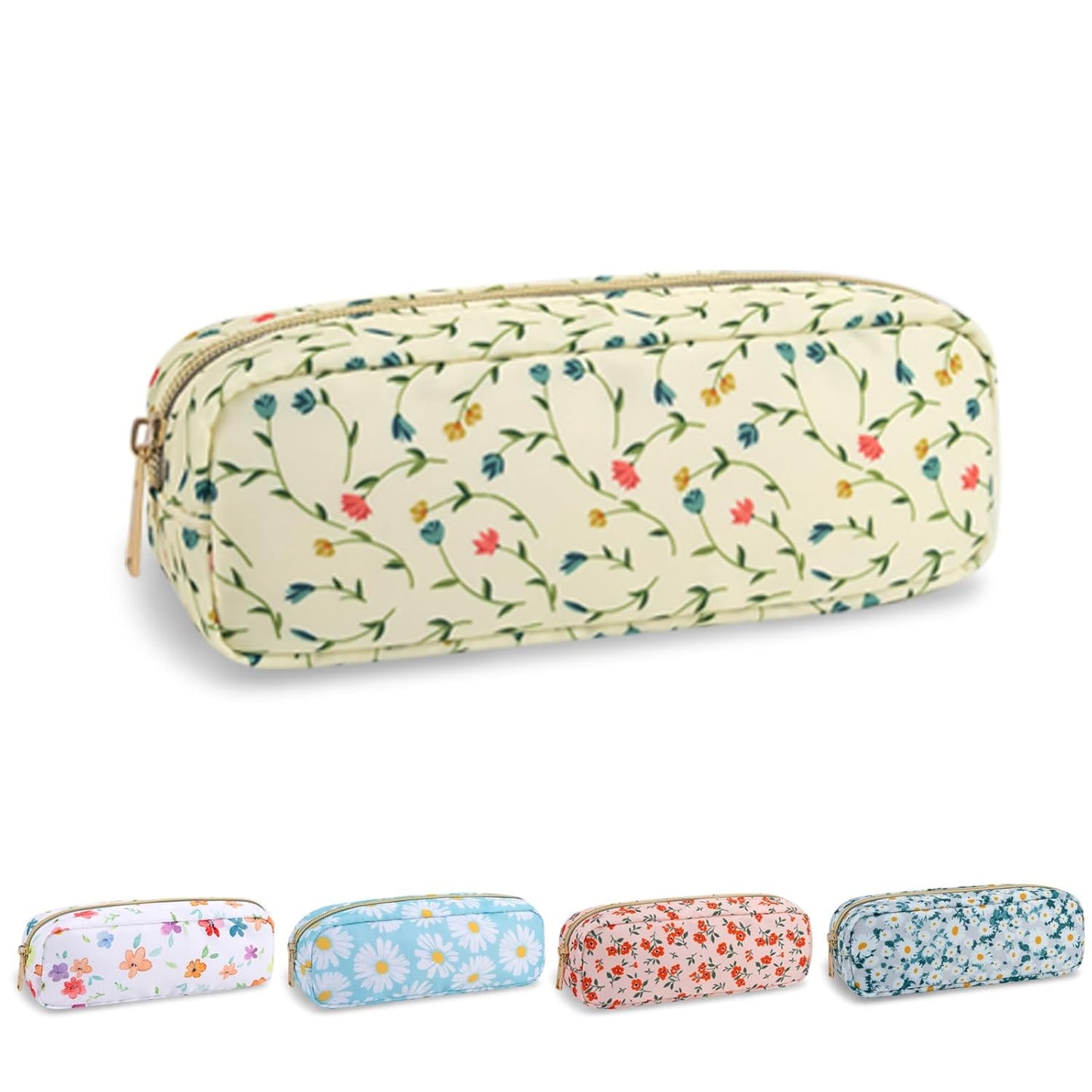 Waterproof Small Floral Pencil Case Makeup Bag for Purse,Cute Flower Pencil Pouch Preppy Nylon Makeup Brush Holder with Zipper,Girls Portable Storage Case Pen Bag for Work(Slim Light Yellow-Flowers)