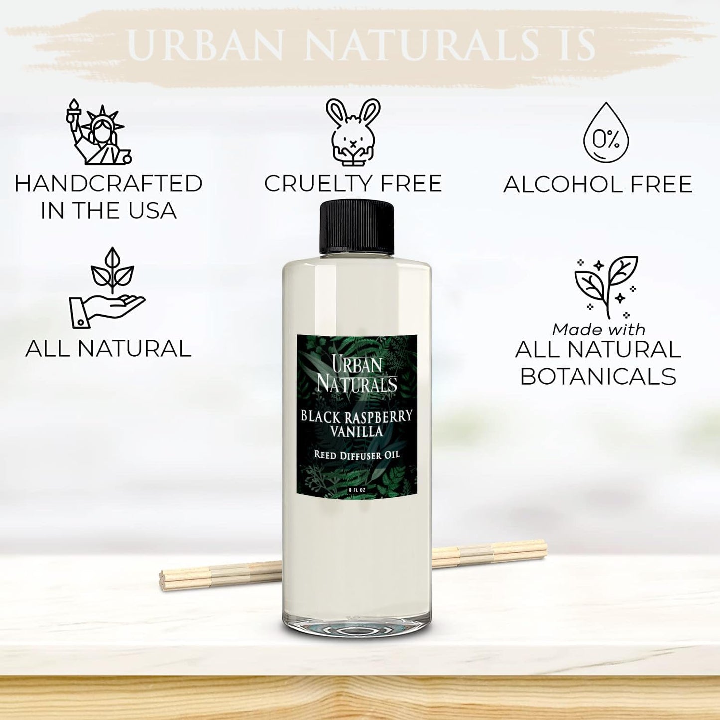 Urban Naturals Reed Diffuser Oil Refill White Tea Sage with Bergamot, Soft Herbal Notes 8 oz + Free Reed Sticks, Made in The USA