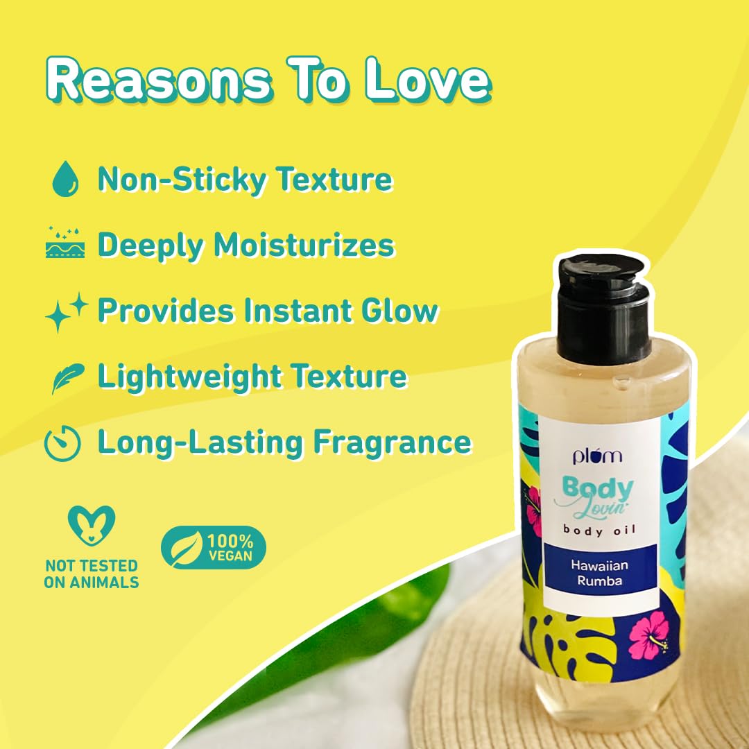 Plum Hawaiian Rumba Body Oil With Avocado Oil, Coconut Oil, Carrot Seed Oil, 100% Pure Moisturizing Oil, Instant Glow, Detoxifying, Nourishing Bath Oil, Paraben, Silicone & Mineral Oil Free, 6.7 Fl Oz